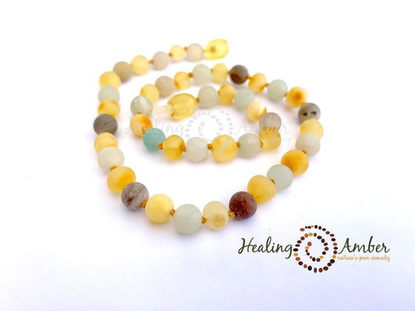 Healing Amber 18&quot; Necklace- Raw Gold &amp; Amazonite Gemstone