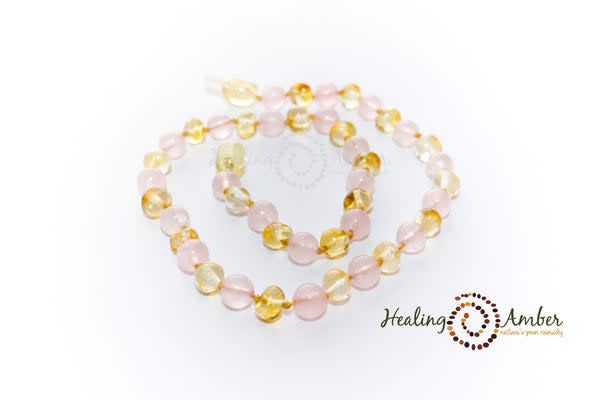 Healing Amber 15&quot; Necklace- Gold &amp; Rose Quartz