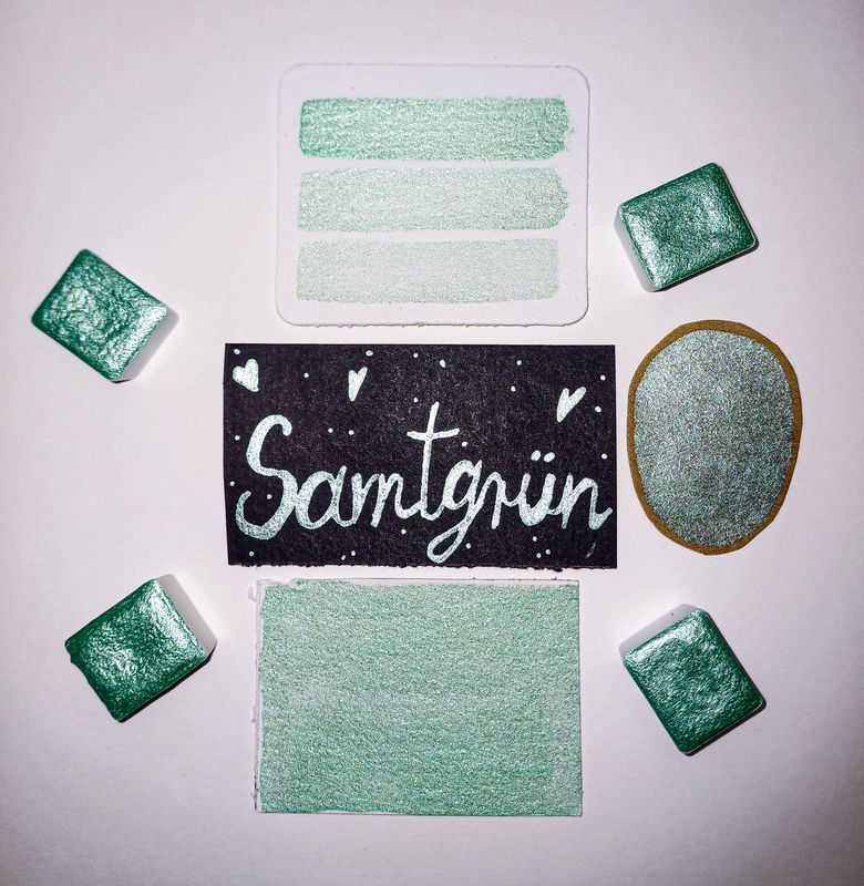 Samt-grün-Handgefertigte Aquarellfarbe-Mica, Lettering, halbes Näpfchen, Glitzer, Schimmer