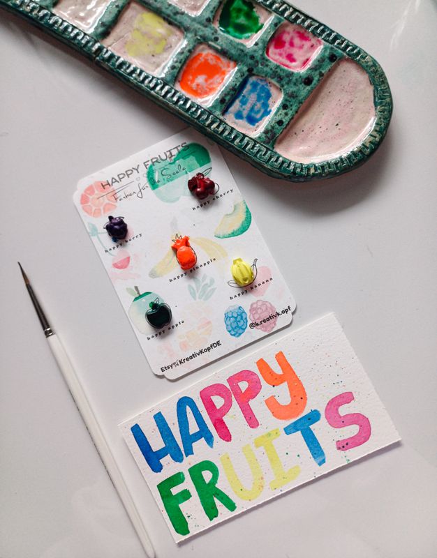 Farb-Set "happy fruits" 5 handgemachte Aquarellfarben in Früchteform, Geschenkidee für Künstler