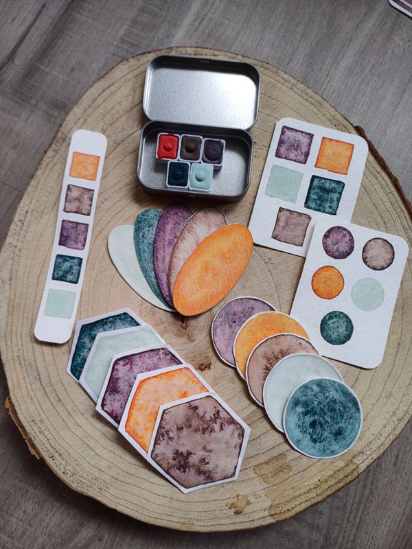 Vintage Geflüster-Set, 5 1/2 Näpfchen handgemachte Aquarellfarben in Künstlerqualität, Aquarellpalette, Geschenkidee, Malfarben, Malbedarf, Kunstbedarf, Künstlerbedarf