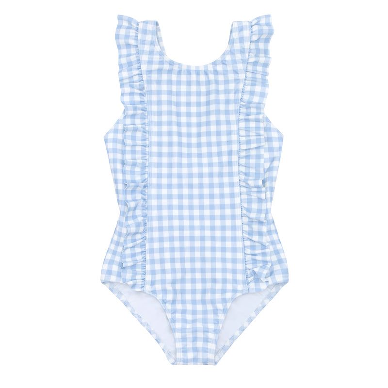 Girls Oasis Blue Gingham Ruffle One Piece
