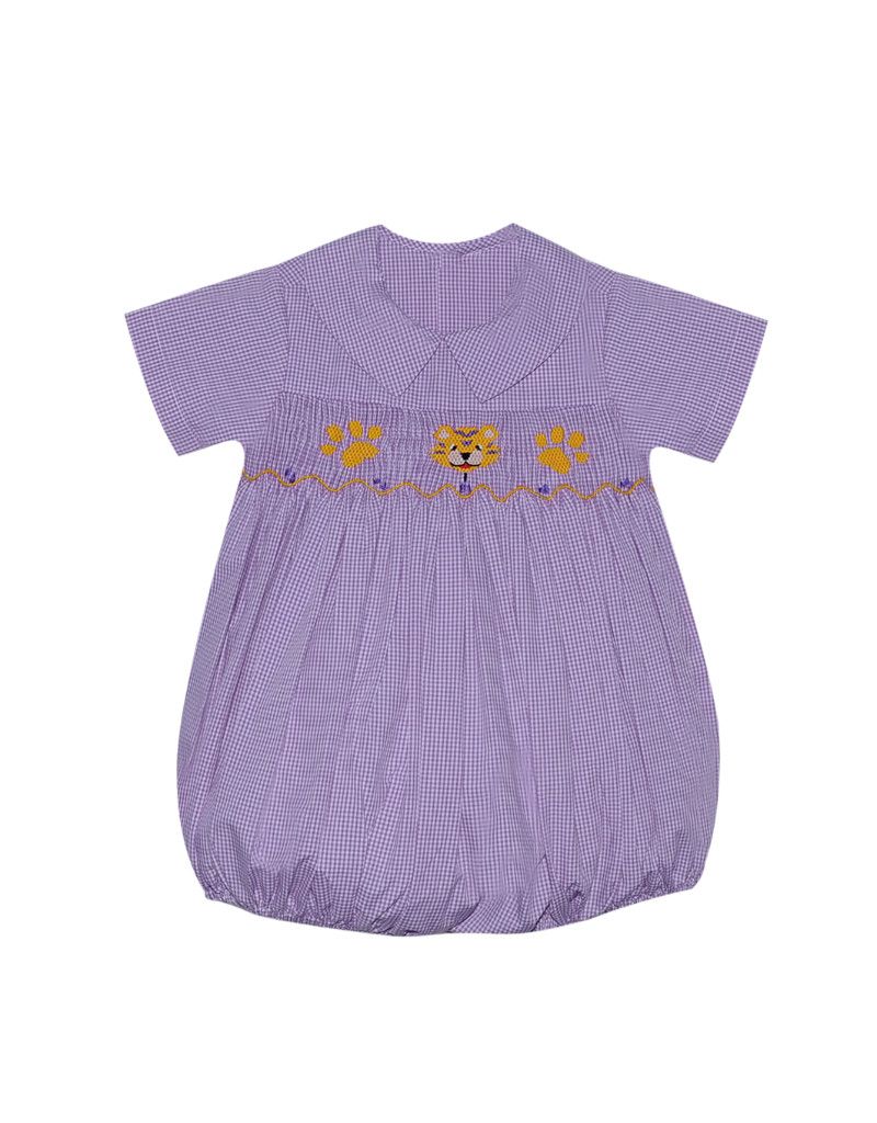 Purple Gingham Smocked Tiger/Paws Boys Bubble