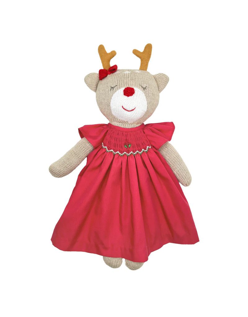 12&quot; Girl Reindeer with Red Smocked Bishop Dress