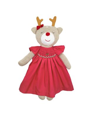 12&quot; Girl Reindeer with Red Smocked Bishop Dress