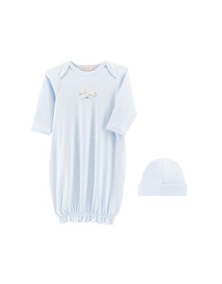 Baby Lamb Blue Gown w Pipping Trim and Hat NB