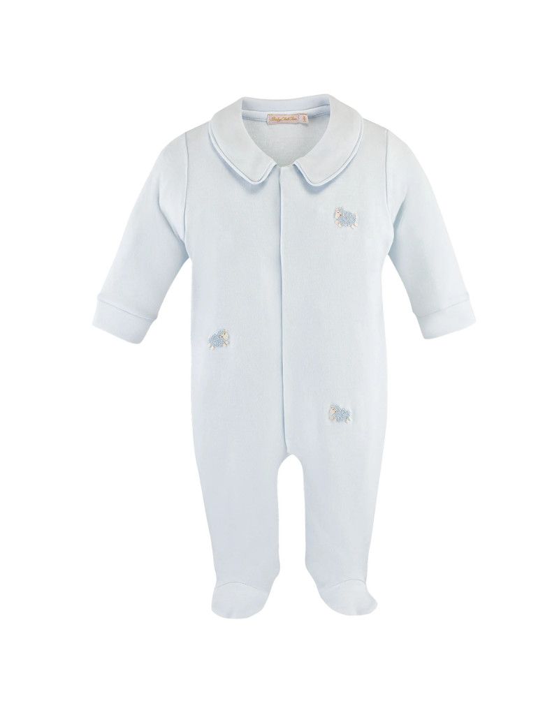 Collared Footie w All Over Embroidery, Light Blue