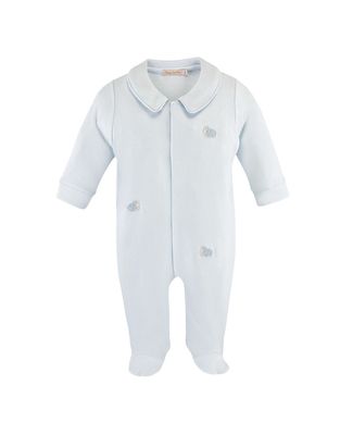 Collared Footie w All Over Embroidery, Light Blue