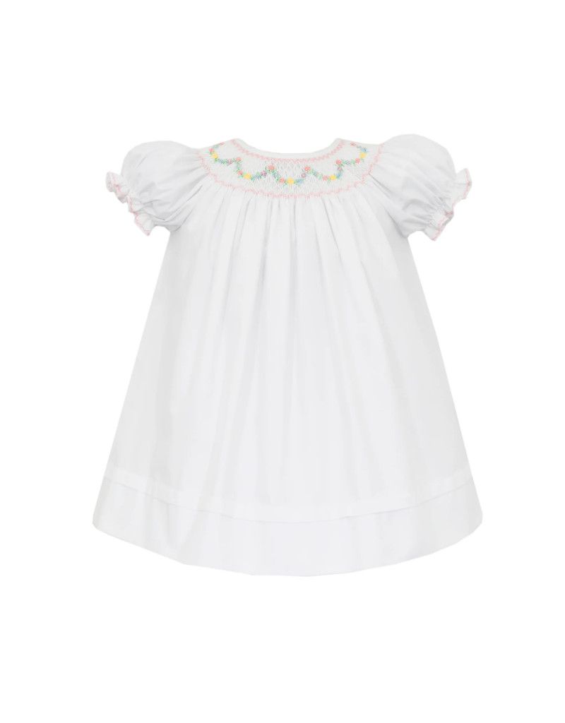 Diana White Poplin Bishop Dress with Pastel Smocking