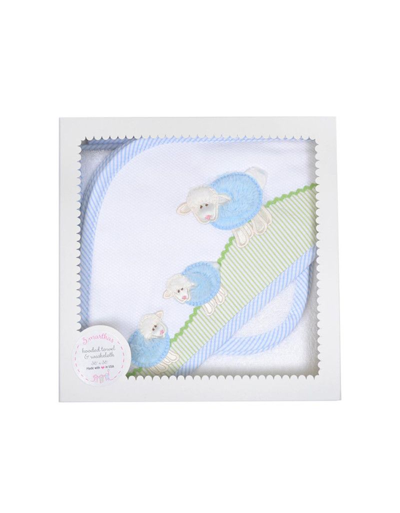 Hooded Towel and Washcloth Set, Blue Little Lamb