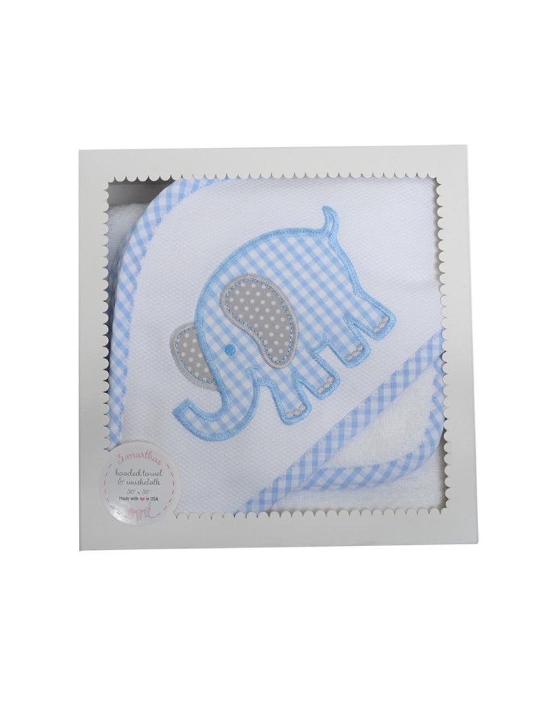 Hooded Towel and Washcloth Set, Blue Elephant