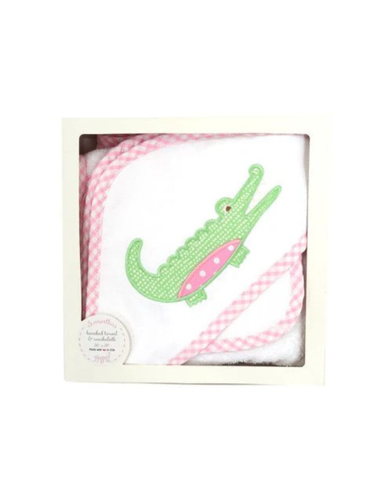 Hooded Towel and Washcloth Set, Pink Alligator