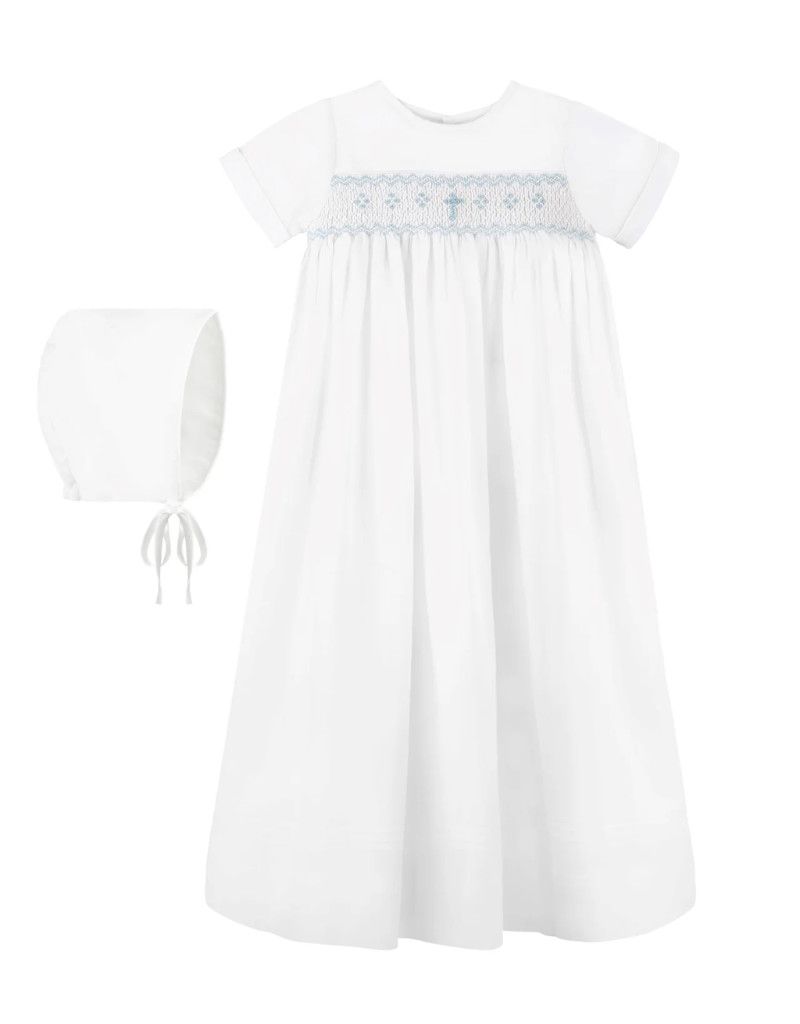 Long Bullion Cross Baby Boy Christening Gown with Bonnet