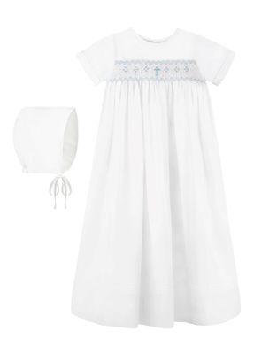 Long Bullion Cross Baby Boy Christening Gown with Bonnet