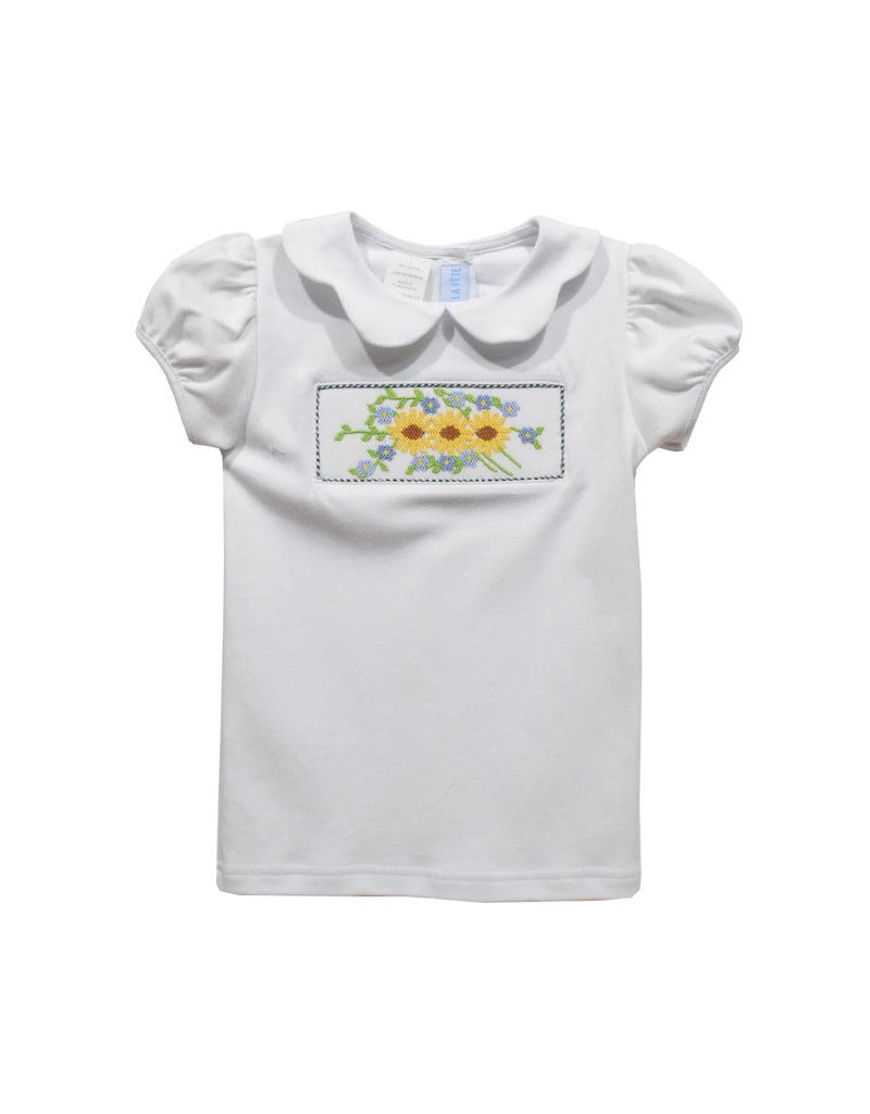 Peter Pan Collar Knit Top W/Smocked Sunflowers