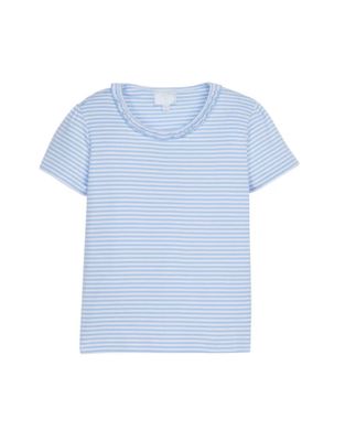 Short Sleeve Scoop Ruffle Tee, Light Blue Stripe