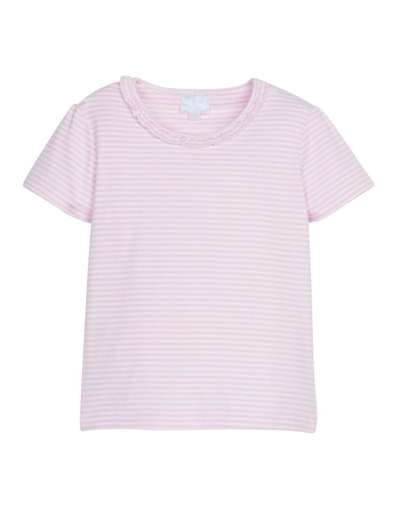 Short Sleeve Scoop Ruffle Tee, Light Pink Stripe