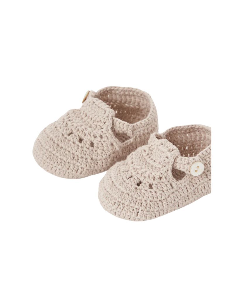 Taupe T-Strap Crochet Booties, 0-12m