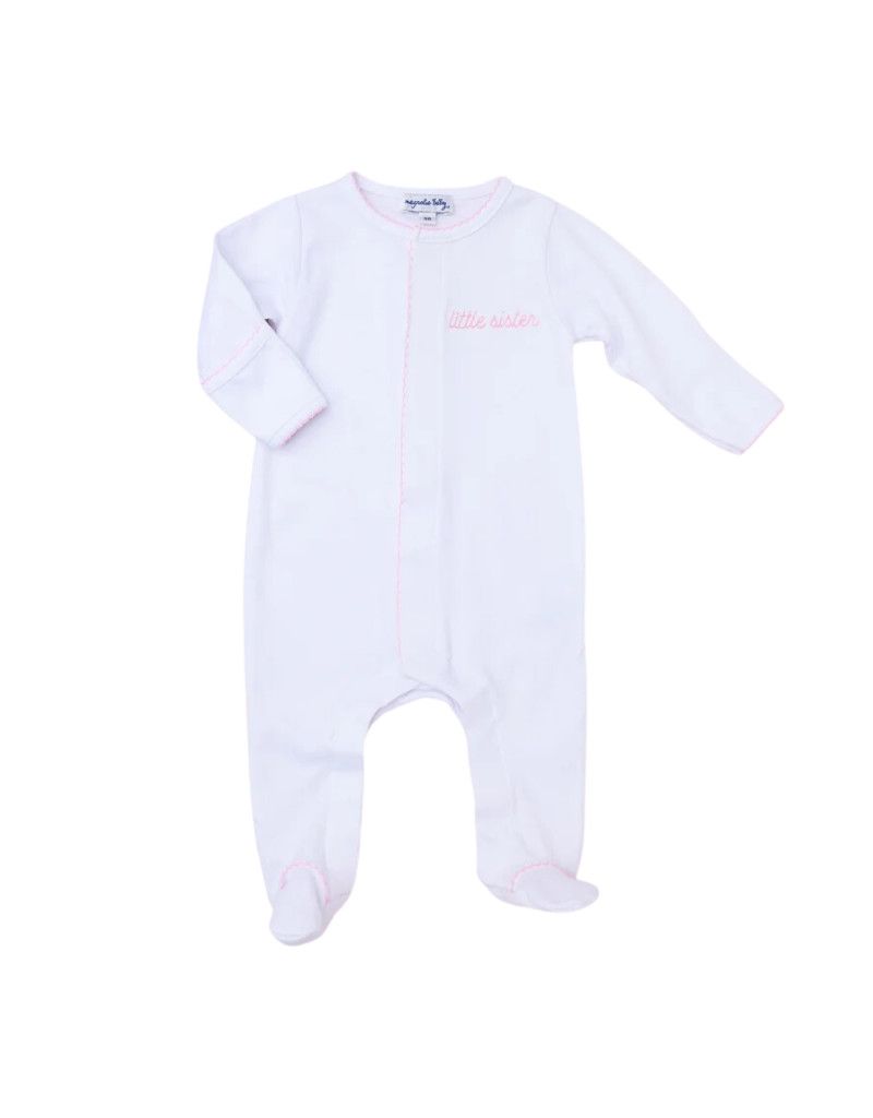 White Little Sister Pink Embroidered Footie