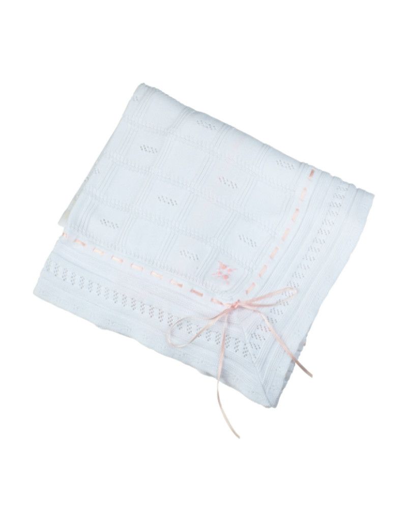 White w Pink  Ribbon Pointelle Knit Blanket