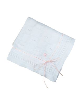 White w Pink  Ribbon Pointelle Knit Blanket