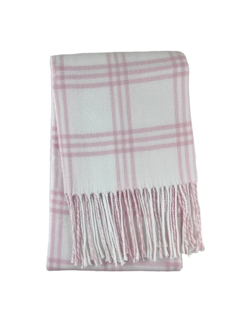 Window Pane Check Flannel Fringe Blanket, White with Pink