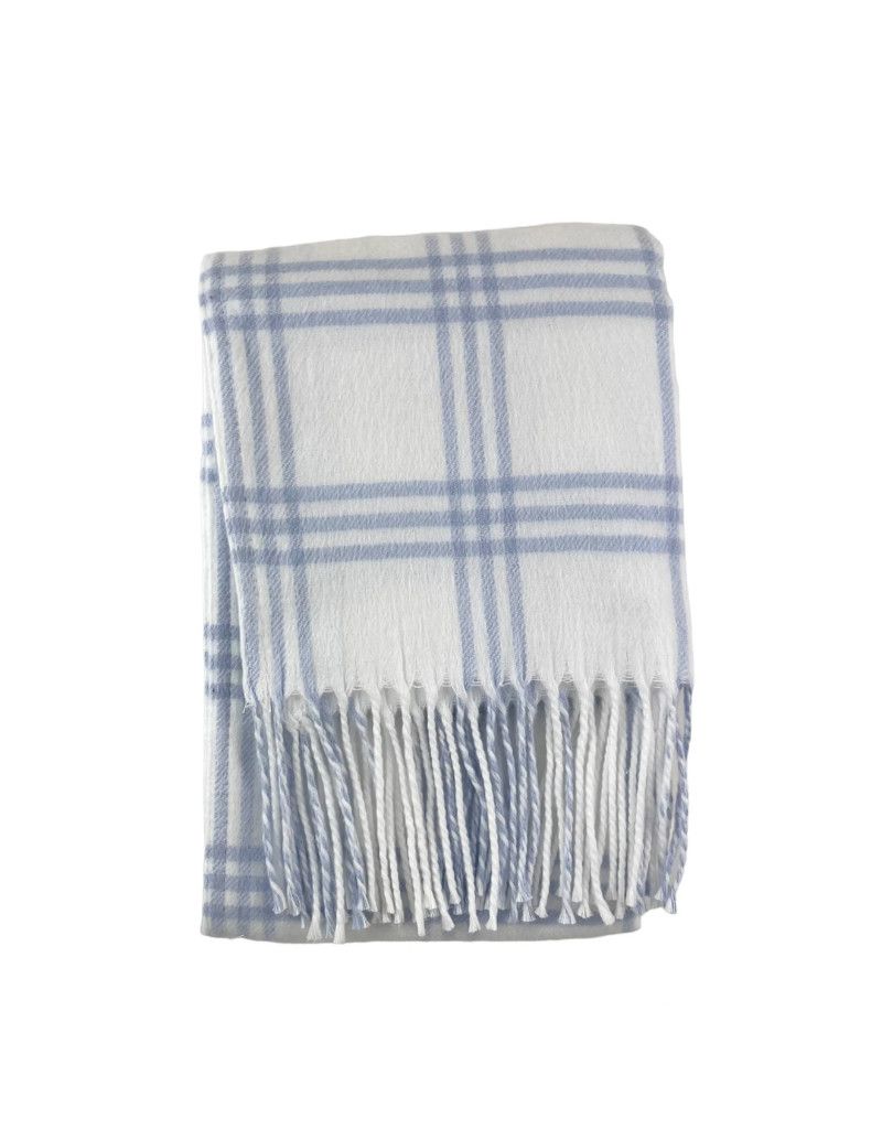 Window Pane Check Fringe Flannel Blanket, White with Blue