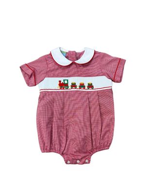 Red Micro Gingham Bubble with Train/Present Smocking