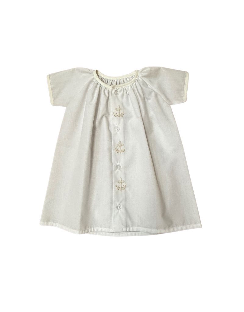 White and Ivory Button Day Gown with Cross Embroidery