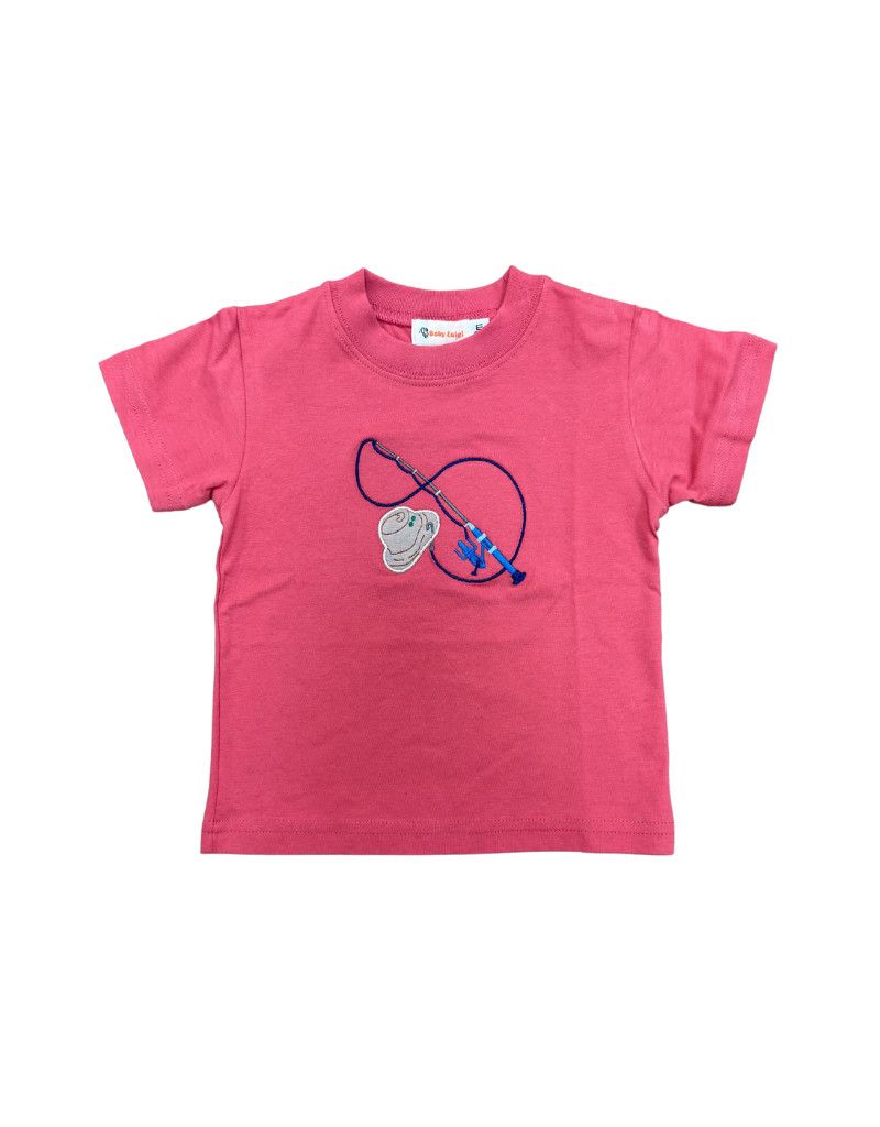 Fishing Pole and Hat Applique on Red Knit Shirt