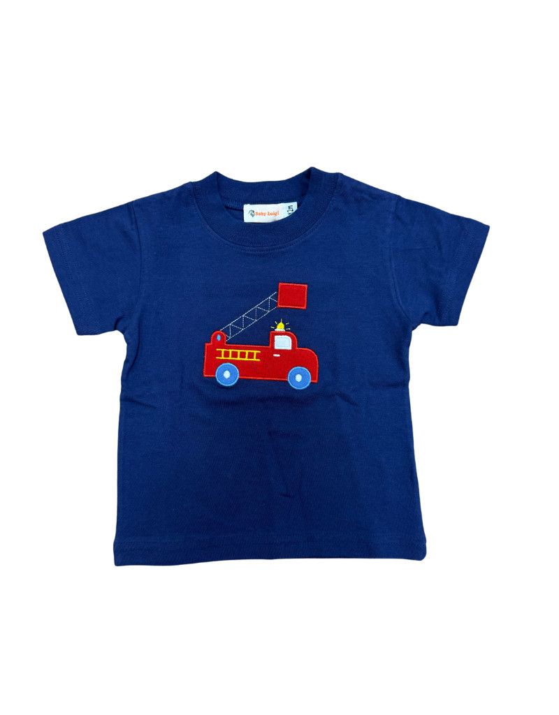 Firetruck Applique  on Navy Blue Knit Shirt