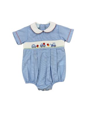 Blue Micro Gingham Bubble with Apple Construction Smock  