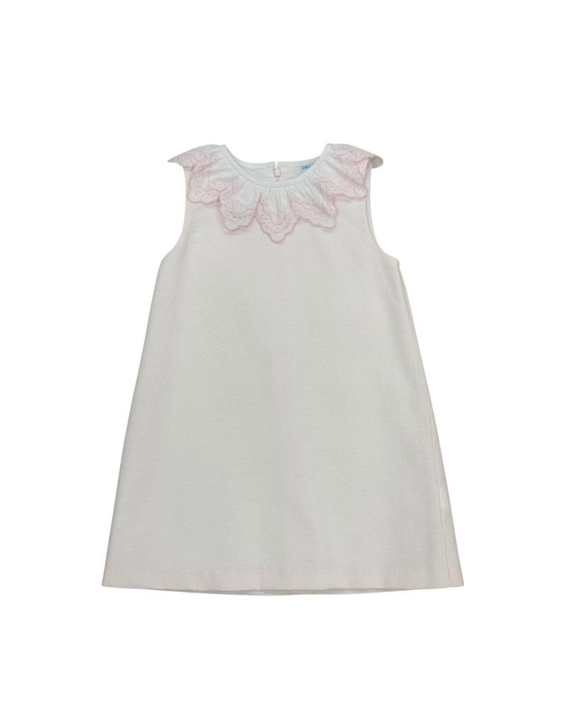 White with Pink Embroidered Flowers Dress with Scallop Collar