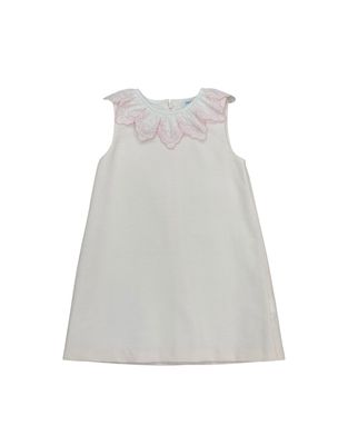 White with Pink Embroidered Flowers Dress with Scallop Collar