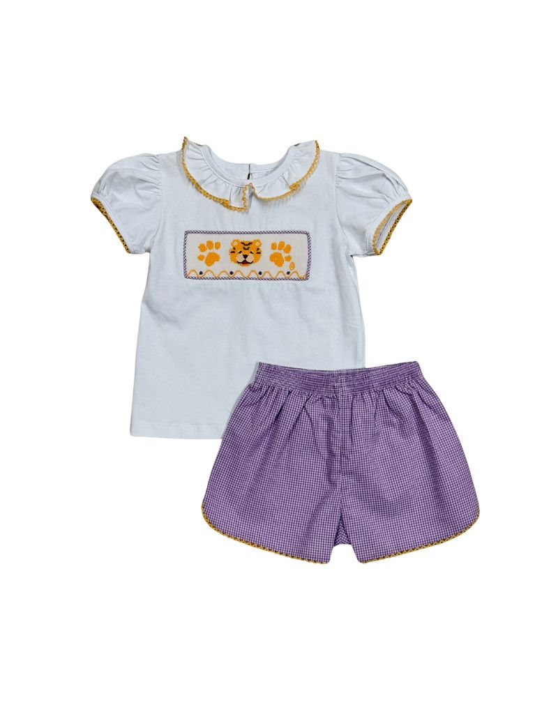 Purple Gingham Smocked Tiger/Paws Ruffle Short Set