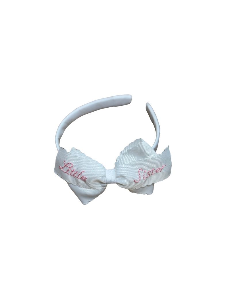 Scalloped White Bow W/Headband-Little Sister