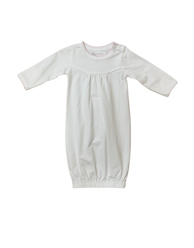 White Yoke Front LS Day Gown, Pink Picot Trim