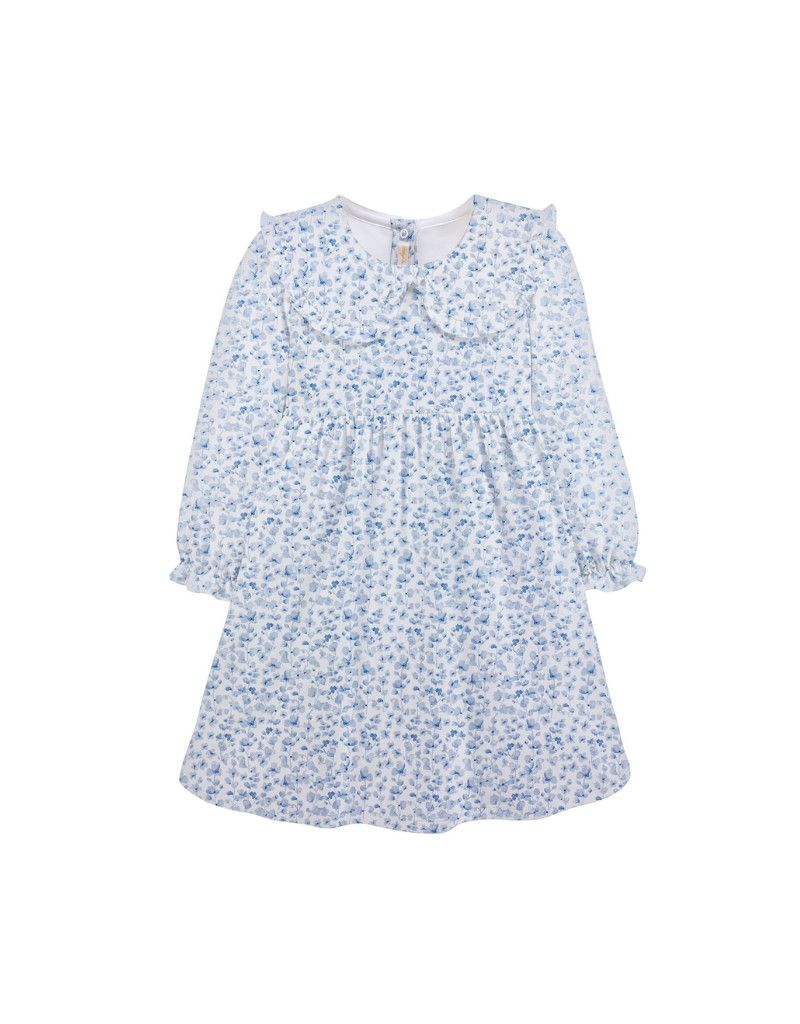 Blue Begonias Printed Dress with Round Collar