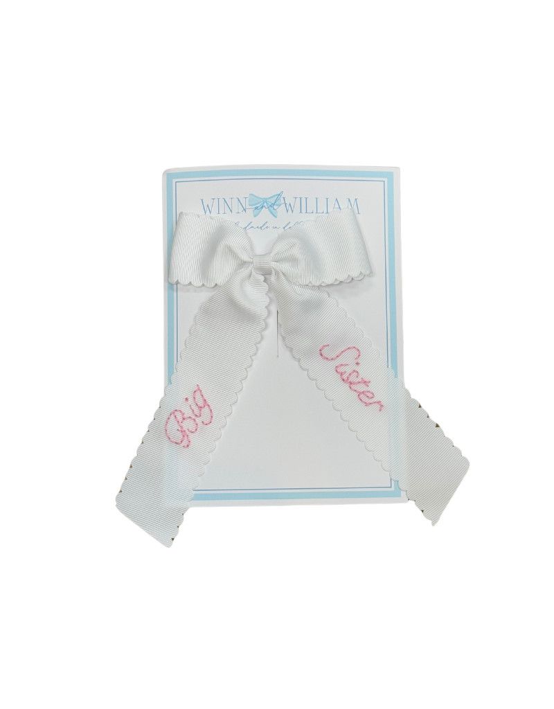 Medium Embroidered Bow, Pink Big Sister on White