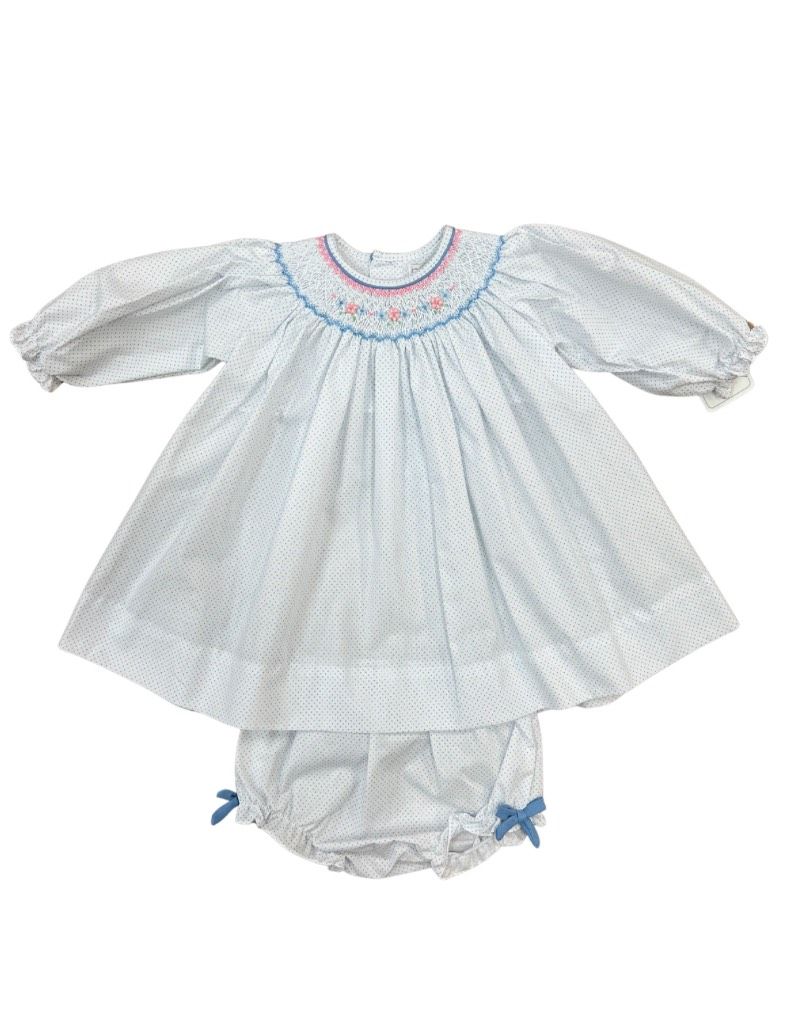 Blue Polka Dot LS Dress with Smocking