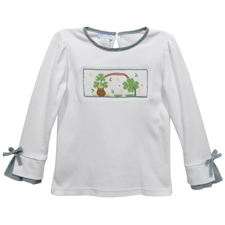 Shamrocks Smocked White Knit LS Blouse With Rib Cuffs