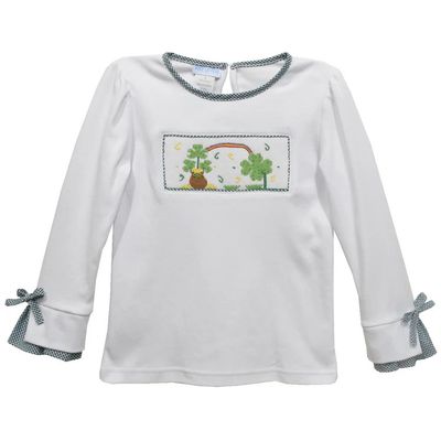 Shamrocks Smocked White Knit LS Blouse With Rib Cuffs