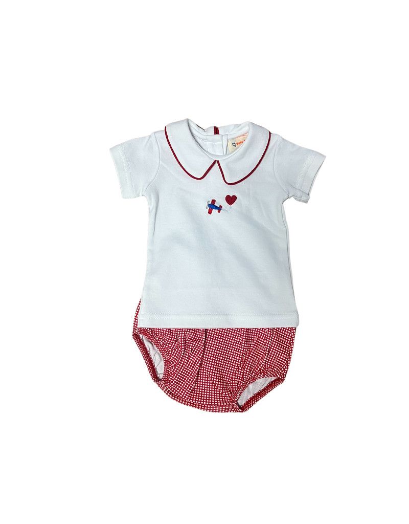 White and Red Airplane Tee with Red Check Bloomers