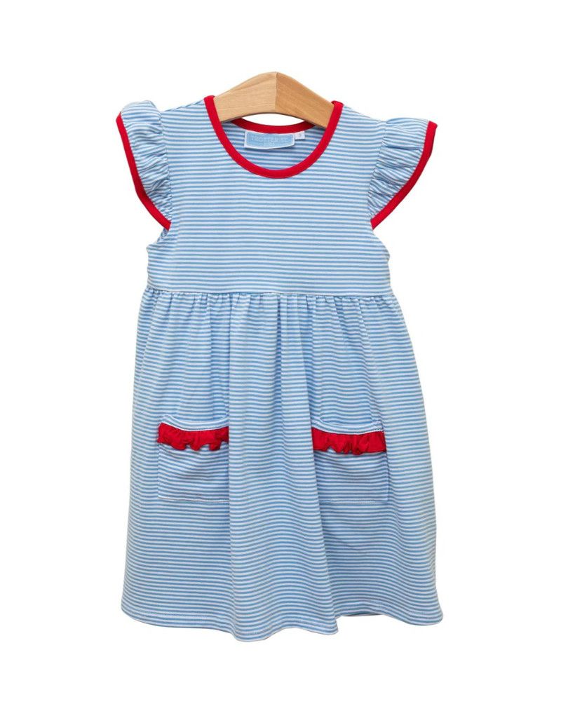 Lucy Dress- Cornflower Stripe/Red