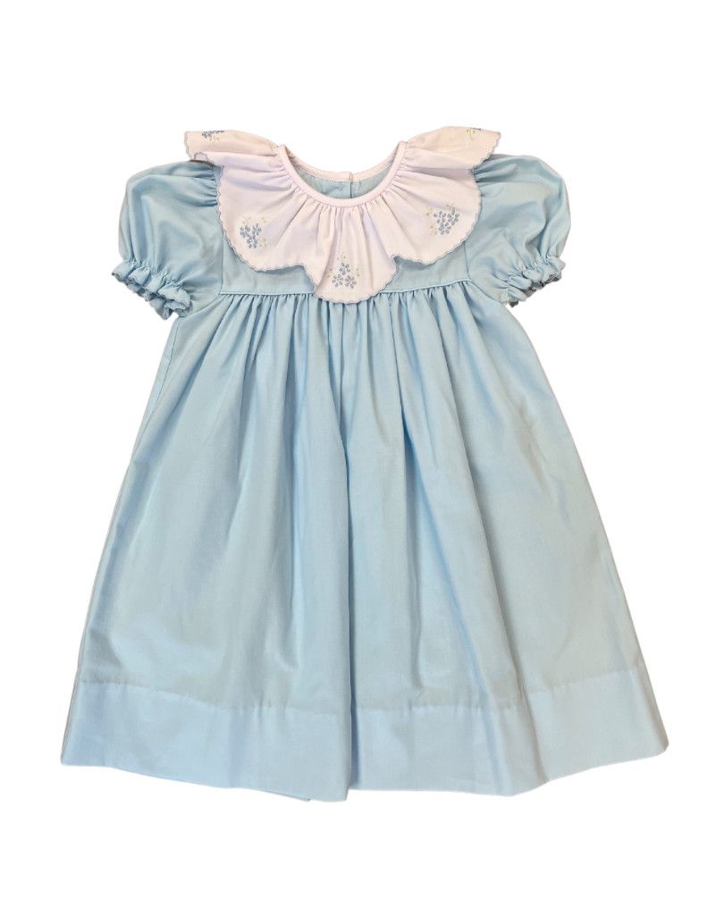 Blue SS Dress with Flower Emb Scallop Collar