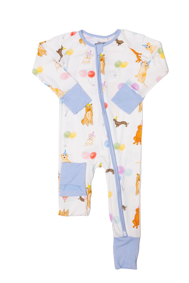 Dog Party Sleep Romper Zip, Blue