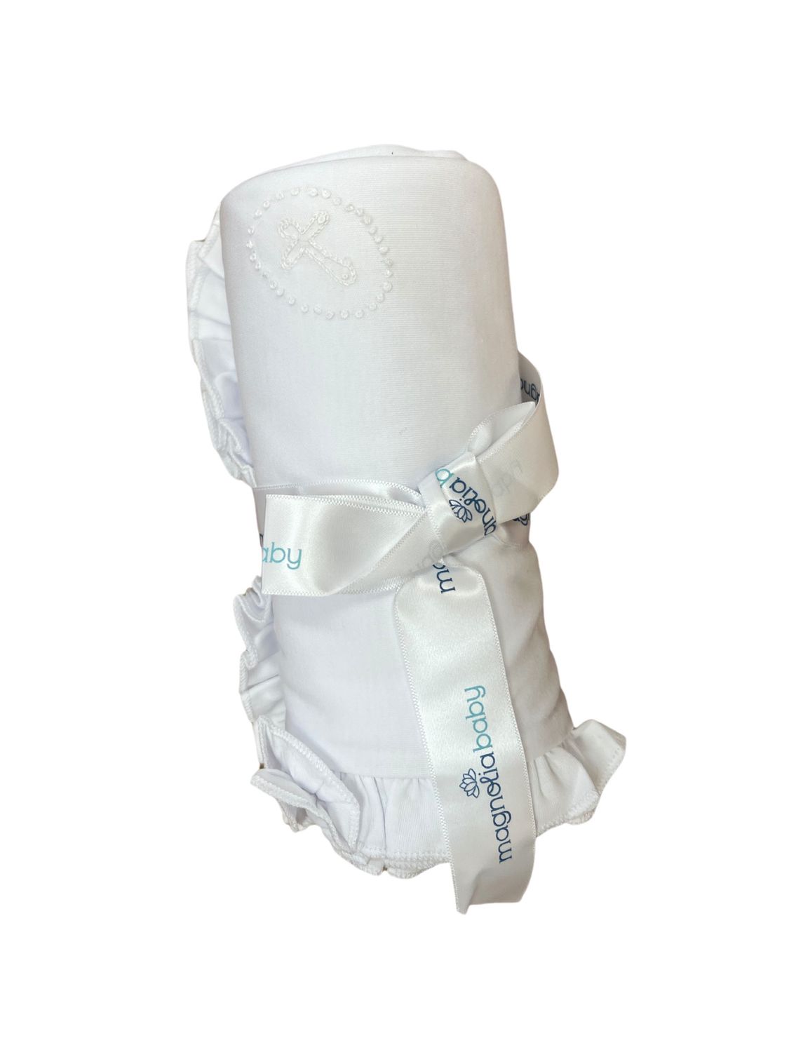 White Blessed Embroidered Cross Ruffle Receiving Blanket