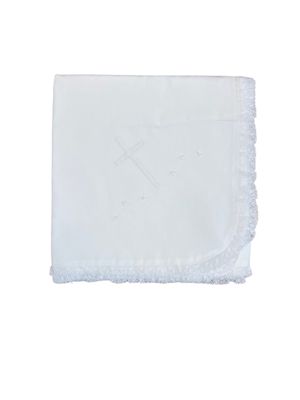 White Baby Blanket, Cross w/ Lace Trim