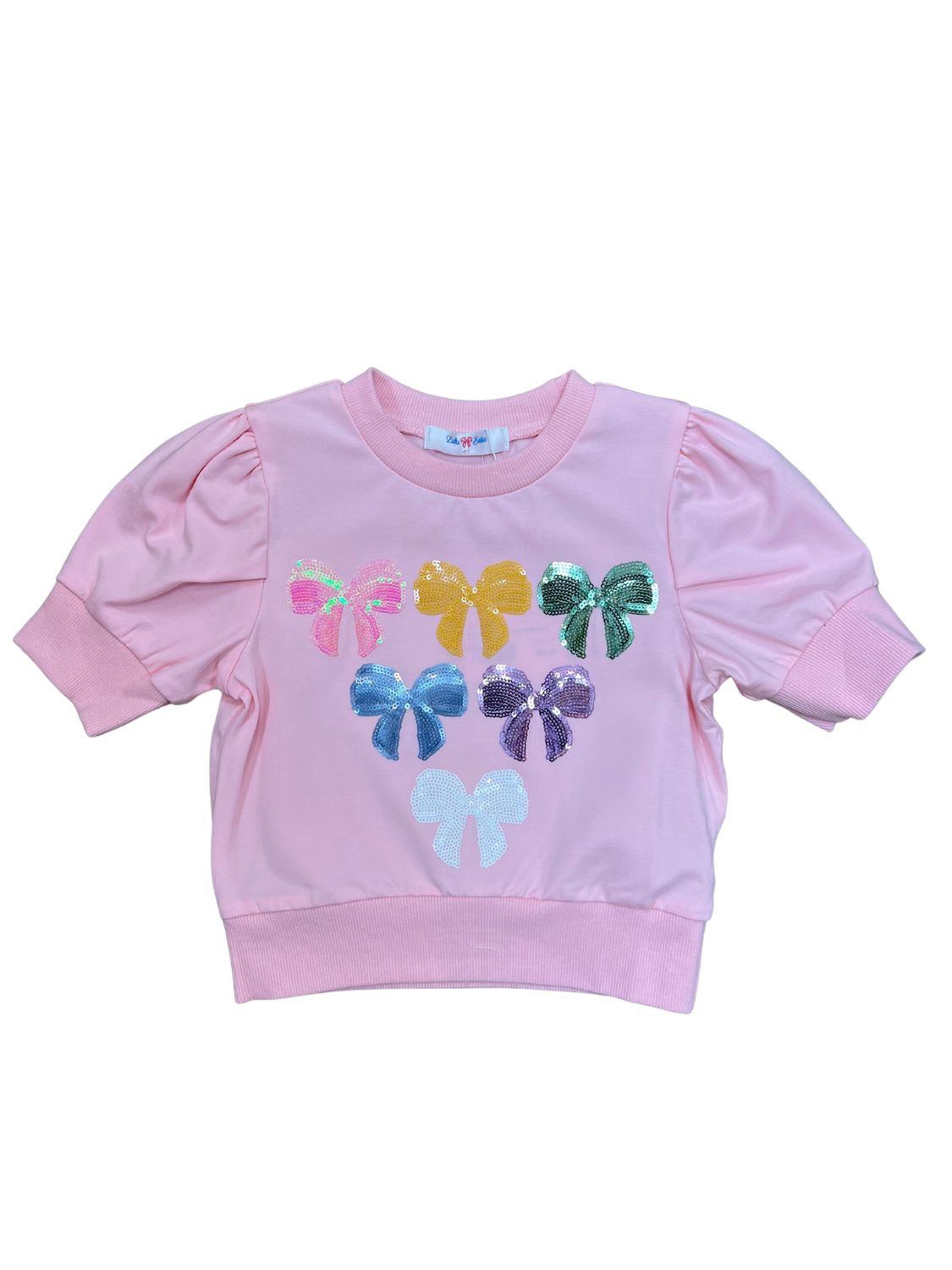 Bows Sequin Puff Sleeve SS Shirt Pink