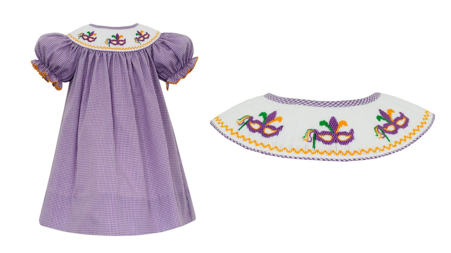 Lavender Mardi Gras Mask Bishop Smock Dress